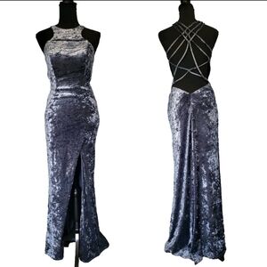 La Femme Women's Crushed Velvet Gown Slate Blue Size 4